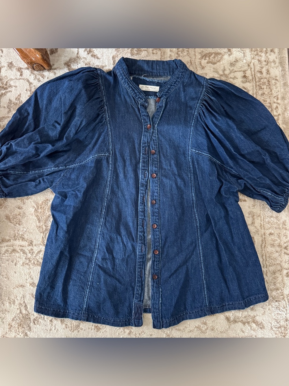Free People Suhrie Puff Sleeve Denim Button-Up Shirt - Picture 2 of 6